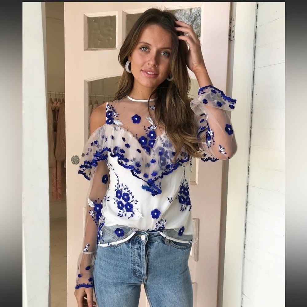 Alice McCall I Want You Blouse sheer white and blue off shoulder size 2 Floral
